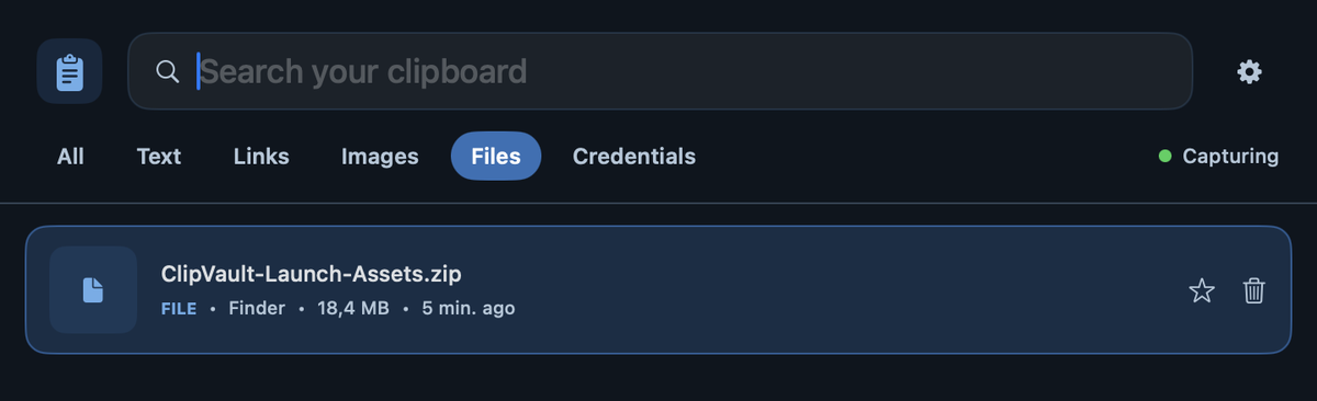 ClipVault file item showing source application, capture time, and file size