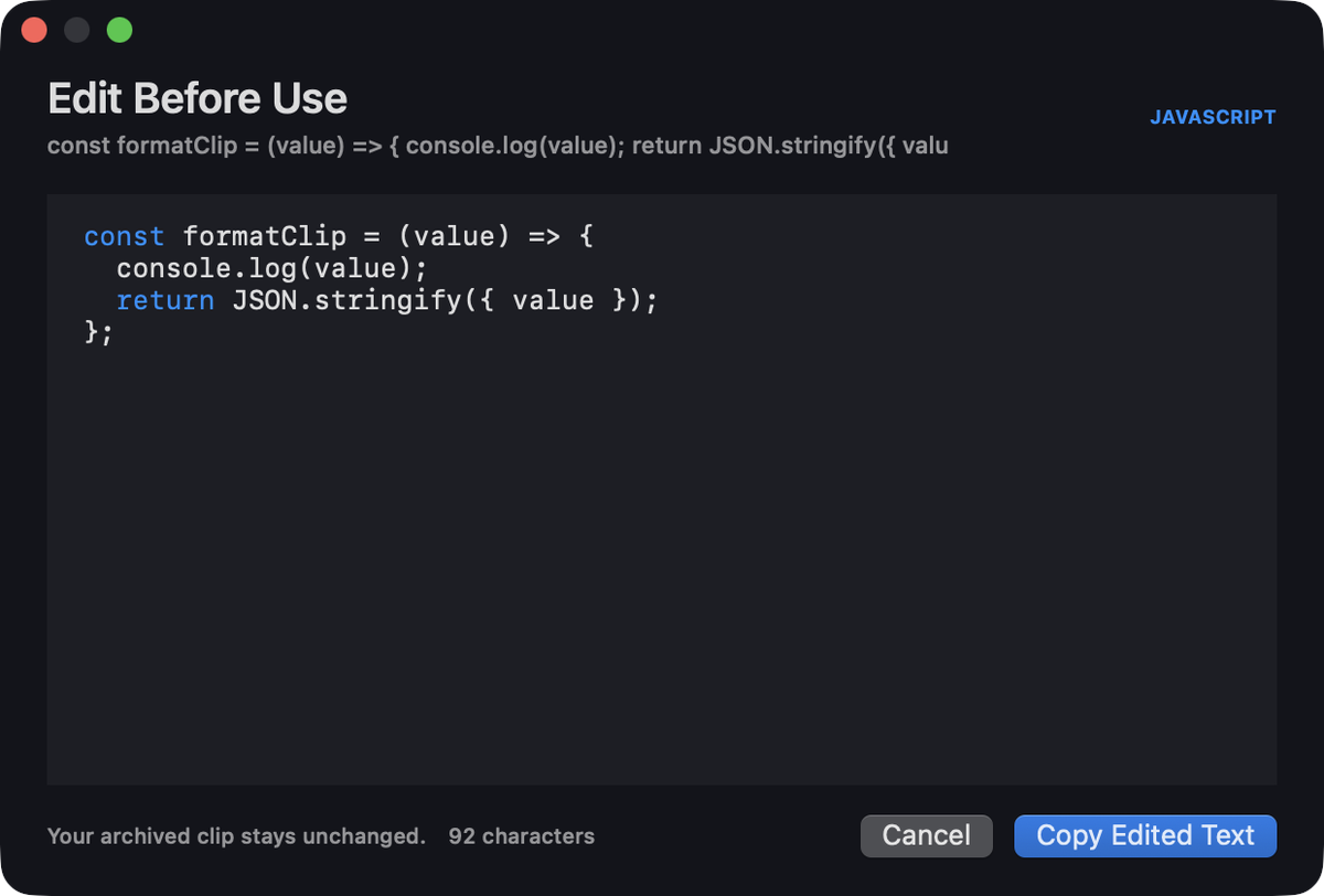 ClipVault Edit Before Use window with JavaScript syntax highlighting