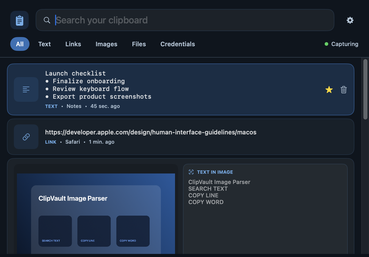 ClipVault organized clipboard library with text, links, and images