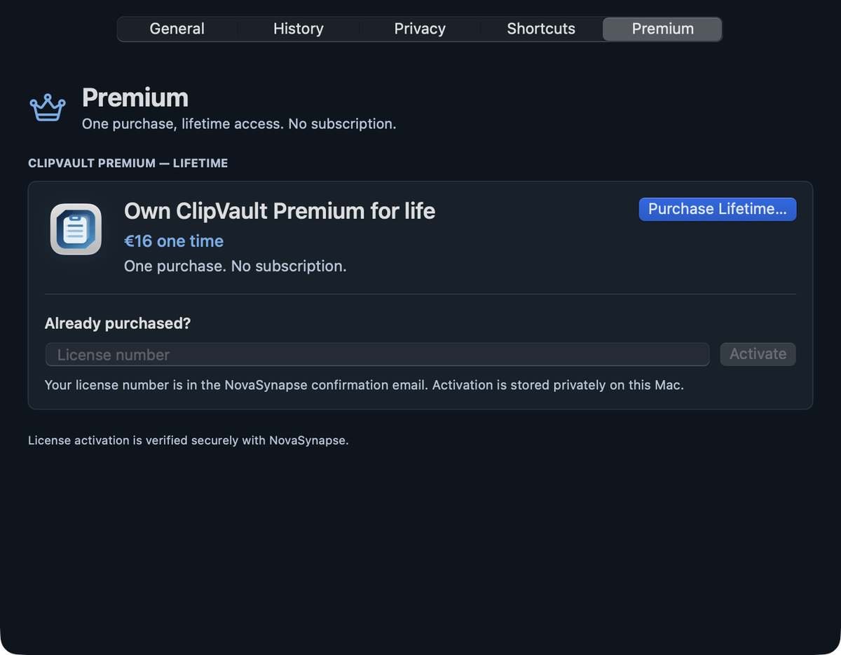 ClipVault Premium settings with the app icon, €16 lifetime price, purchase action, and license activation field