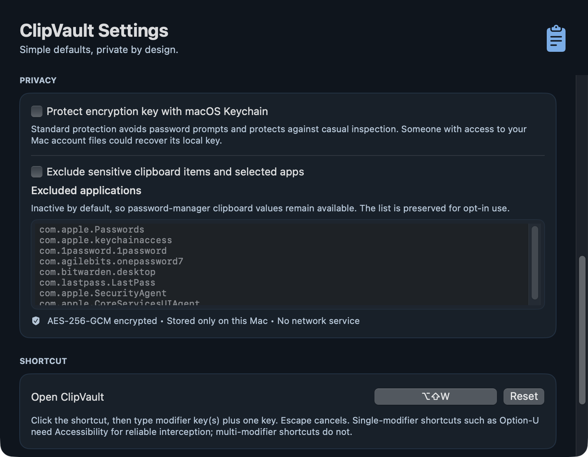ClipVault privacy settings with local encryption and optional Keychain protection