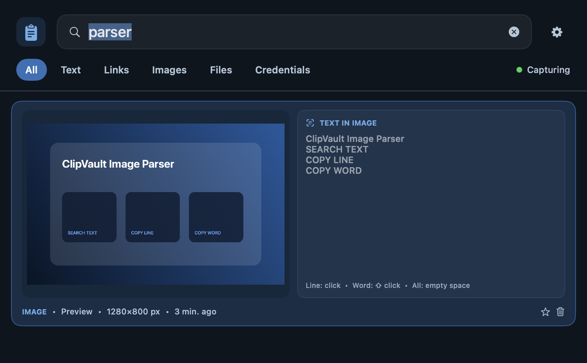ClipVault Smart Search matching text recognized inside an image