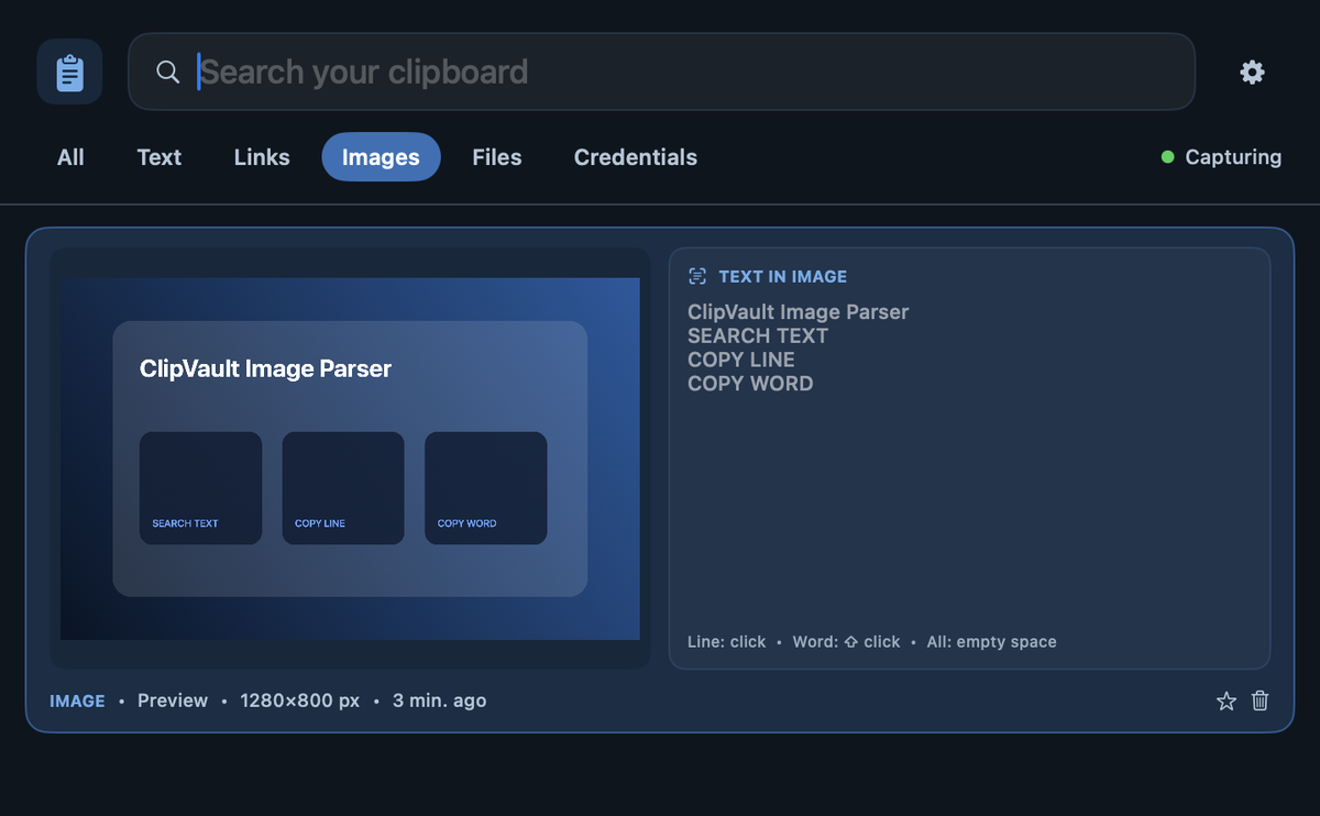 ClipVault image preview beside searchable and copyable recognized text