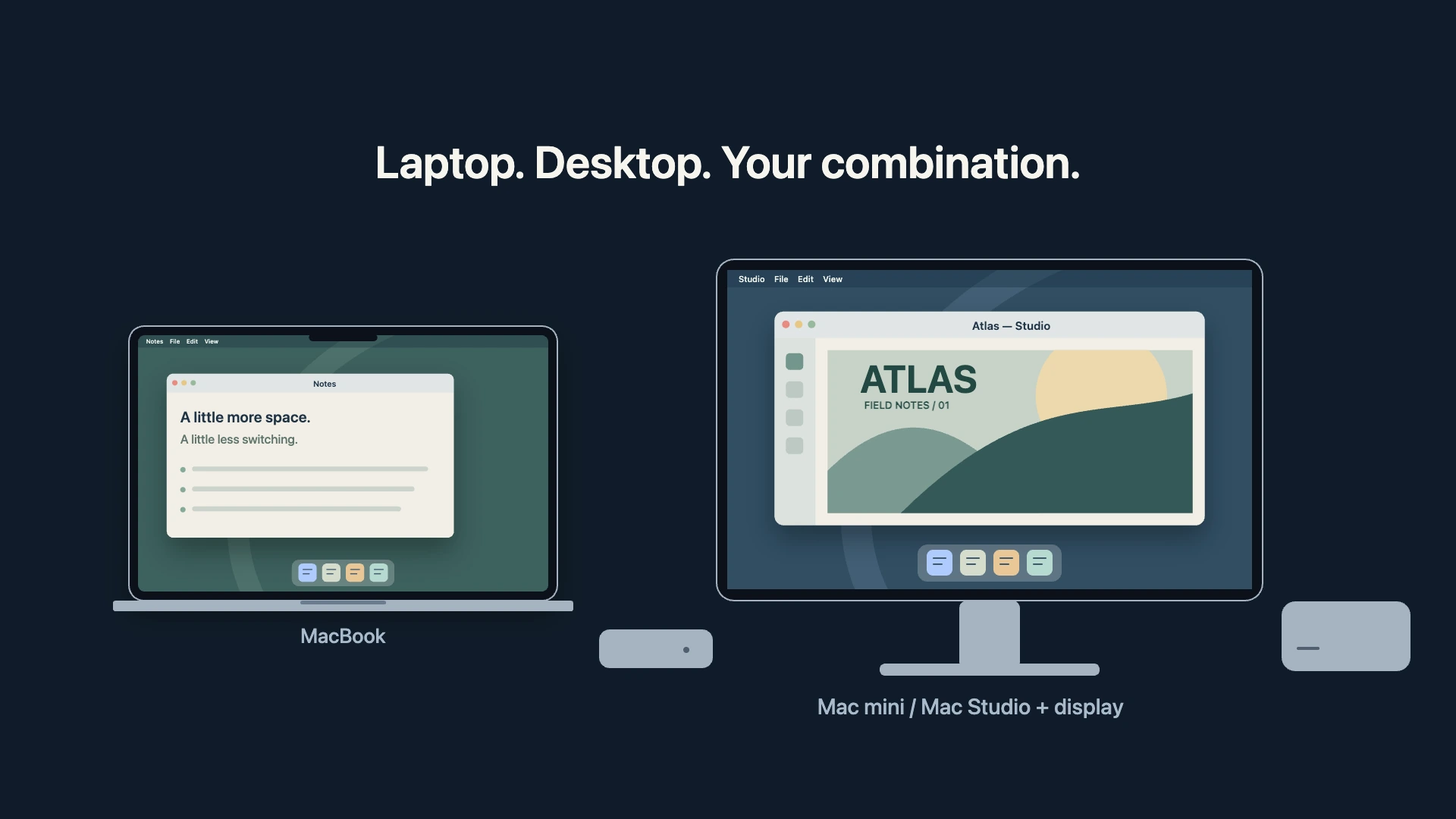 Ilustración: un MacBook junto a Macs de escritorio y una pantalla externa