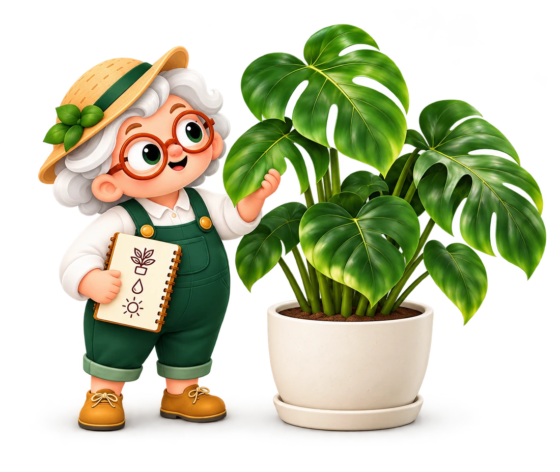 Grenny examining a monstera plant