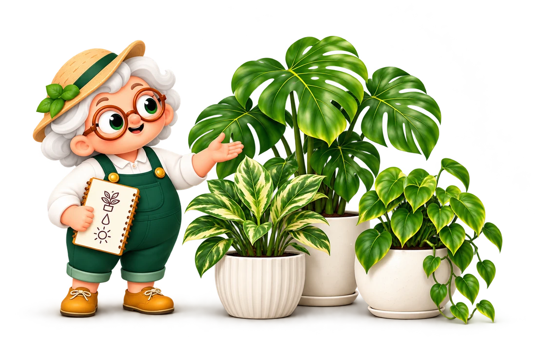 Grenny with three potted houseplants