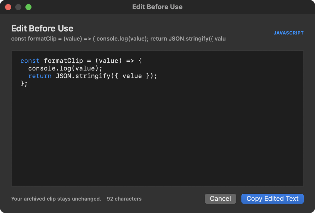 Fenêtre Modifier avant utilisation de CopyEver avec coloration syntaxique JavaScript