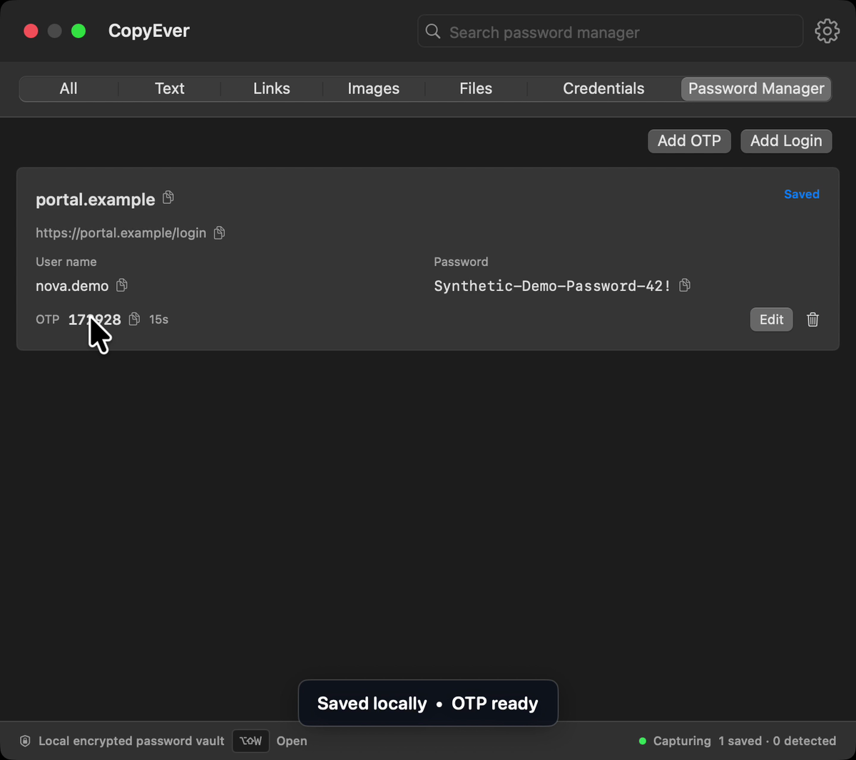 Gestionnaire de mots de passe CopyEver avec identifiants copiables et code OTP actualisé
