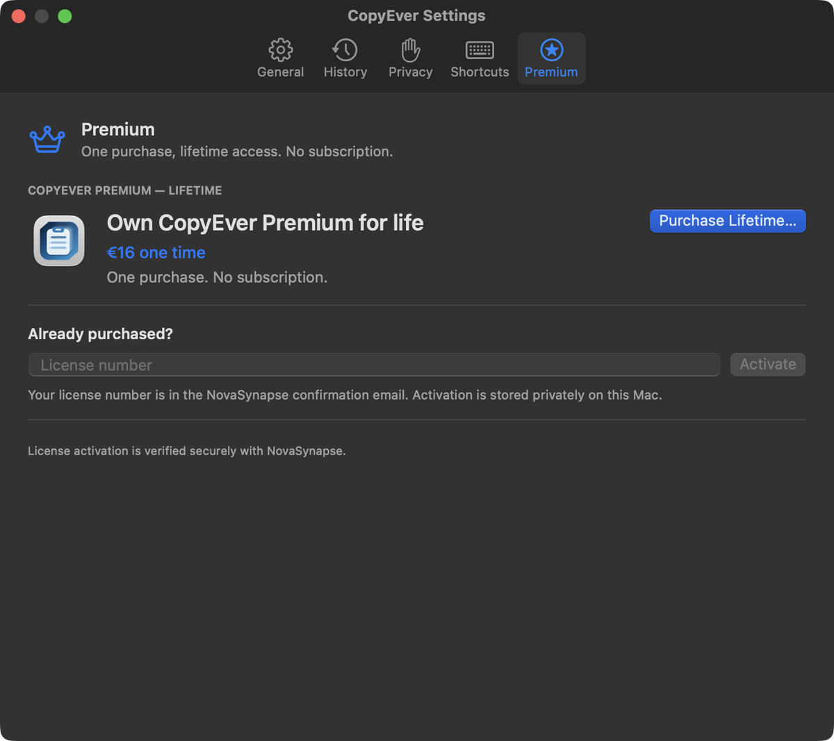 Réglages CopyEver Premium avec l’icône de l’app, le prix à vie de 16 €, l’action d’achat et le champ d’activation de licence