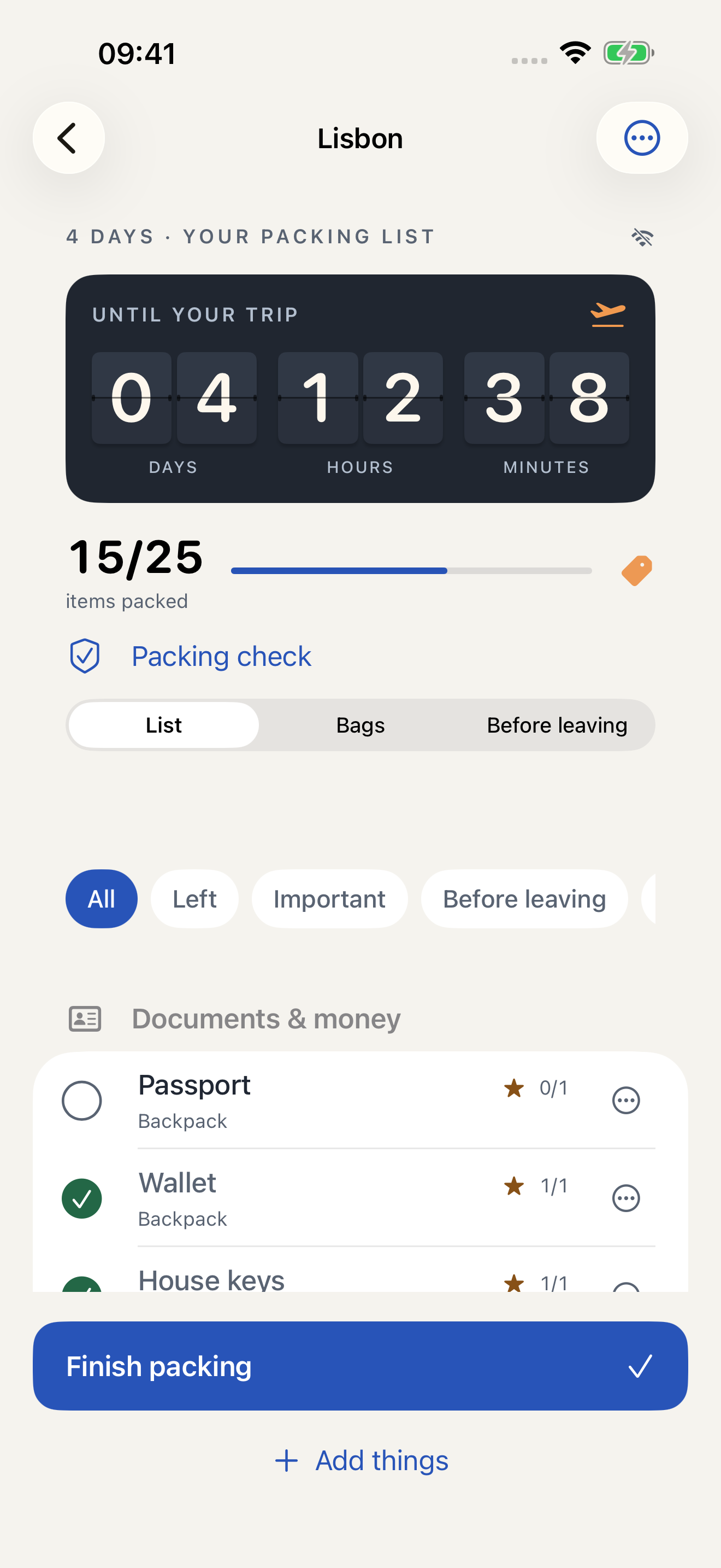 Lista BagGeek con quantità e cose già preparate
