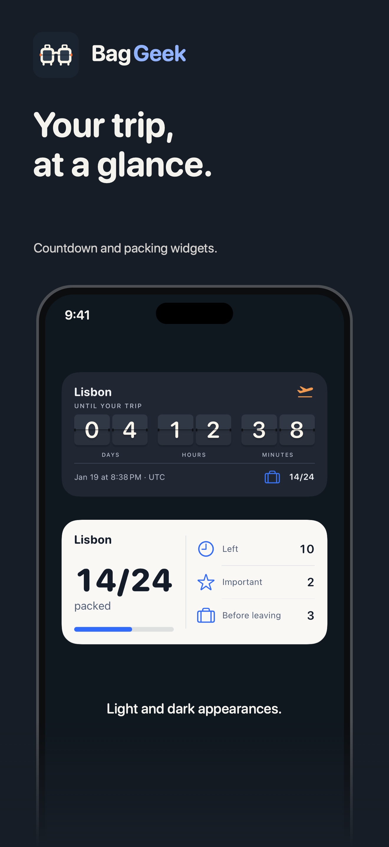 Widget BagGeek per conto alla rovescia e bagagli in tema chiaro e scuro