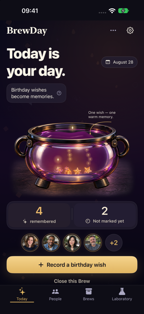 Birthday screen with four wishes recorded and fictional contact photos