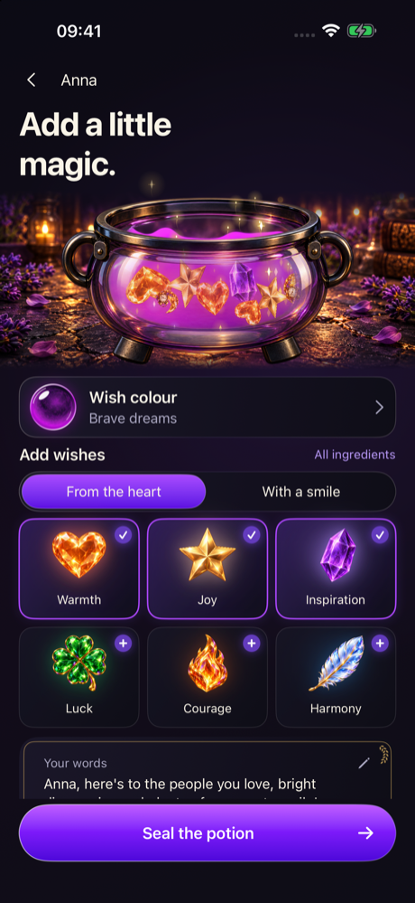 BrewDay birthday card creator with a violet potion, selected wishes and a personal message for Anna