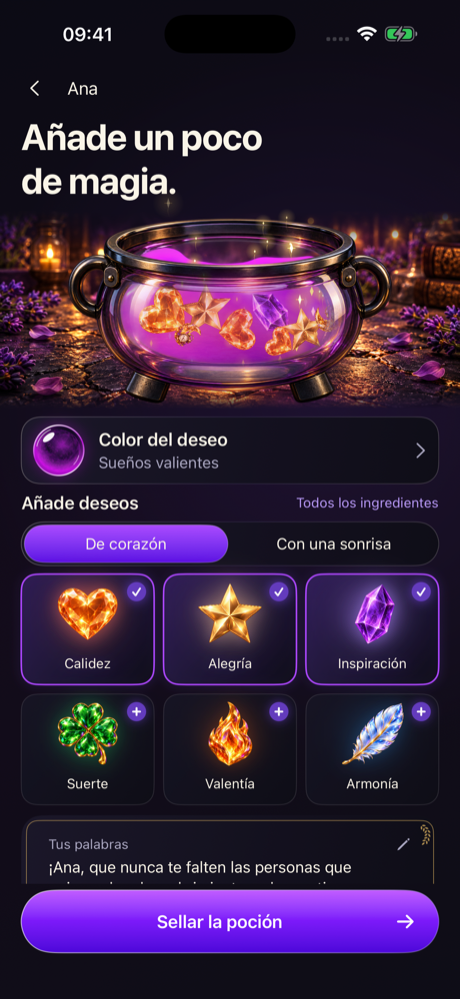 Creador de tarjetas de cumpleaños de BrewDay con una poción violeta, deseos elegidos y un mensaje personal para Ana
