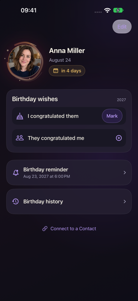 Anna’s birthday card with her photo, countdown, greeting controls and a scheduled reminder