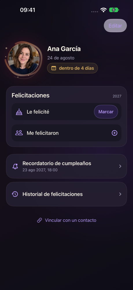 Ficha de cumpleaños de Anna con foto, cuenta atrás, controles para registrar felicitaciones y recordatorio programado