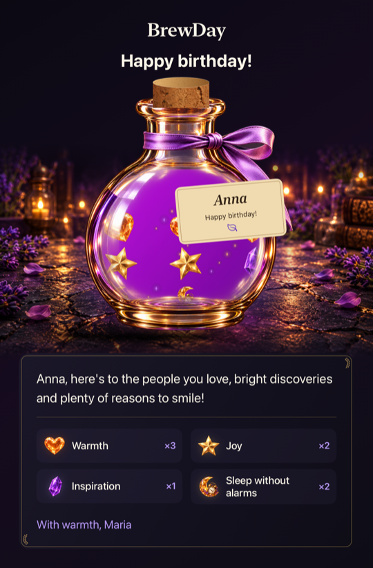 Finished birthday card for Anna, with a potion, personal message, wishes and Maria’s signature