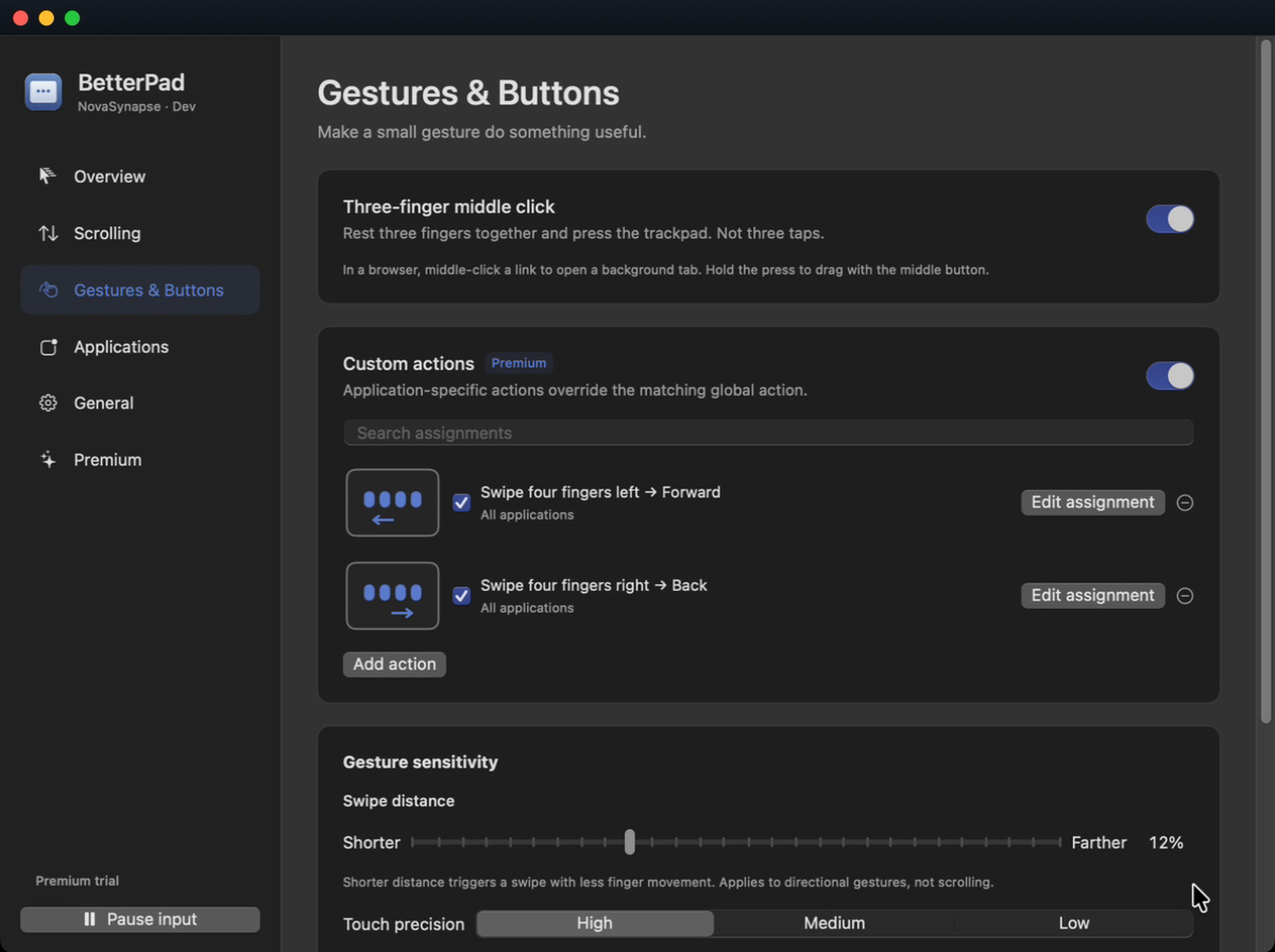 Eigene Gesten- und Maustastenaktionen in BetterPad