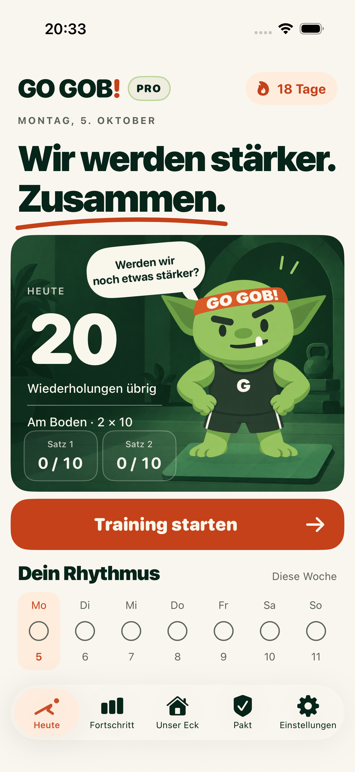 Heute-Ansicht mit Liegestützplan und Wochenrhythmus