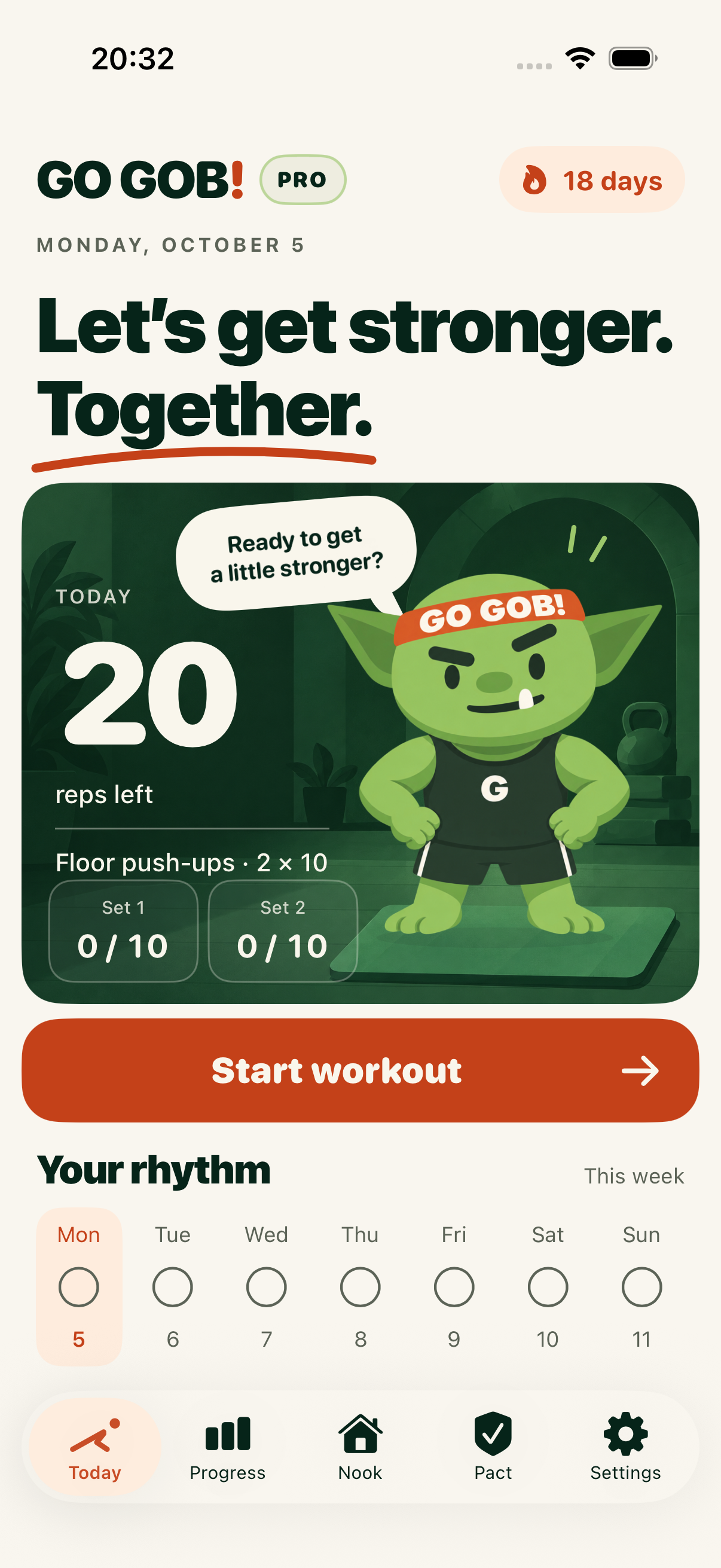 Today screen with a push-up plan and weekly rhythm
