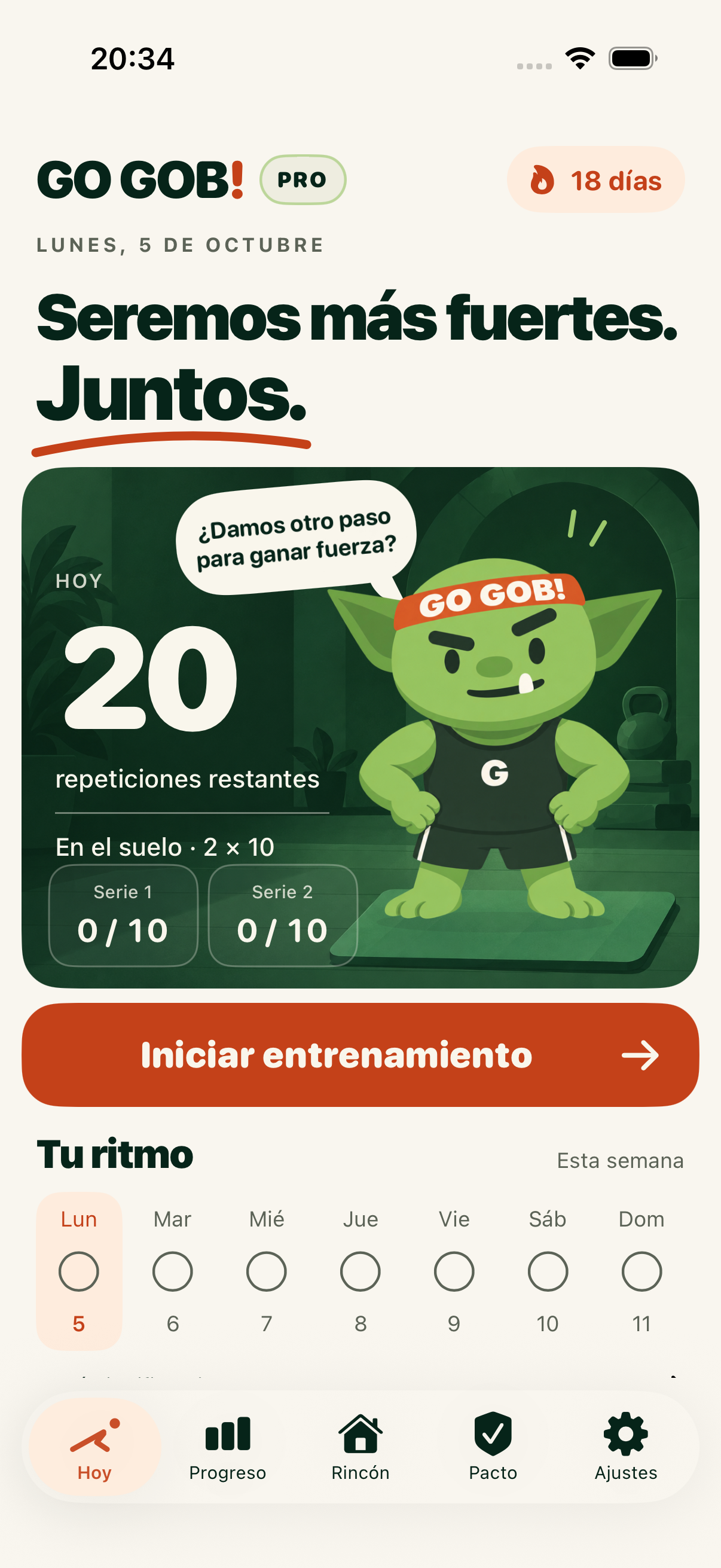 Pantalla de hoy con un plan de flexiones y ritmo semanal