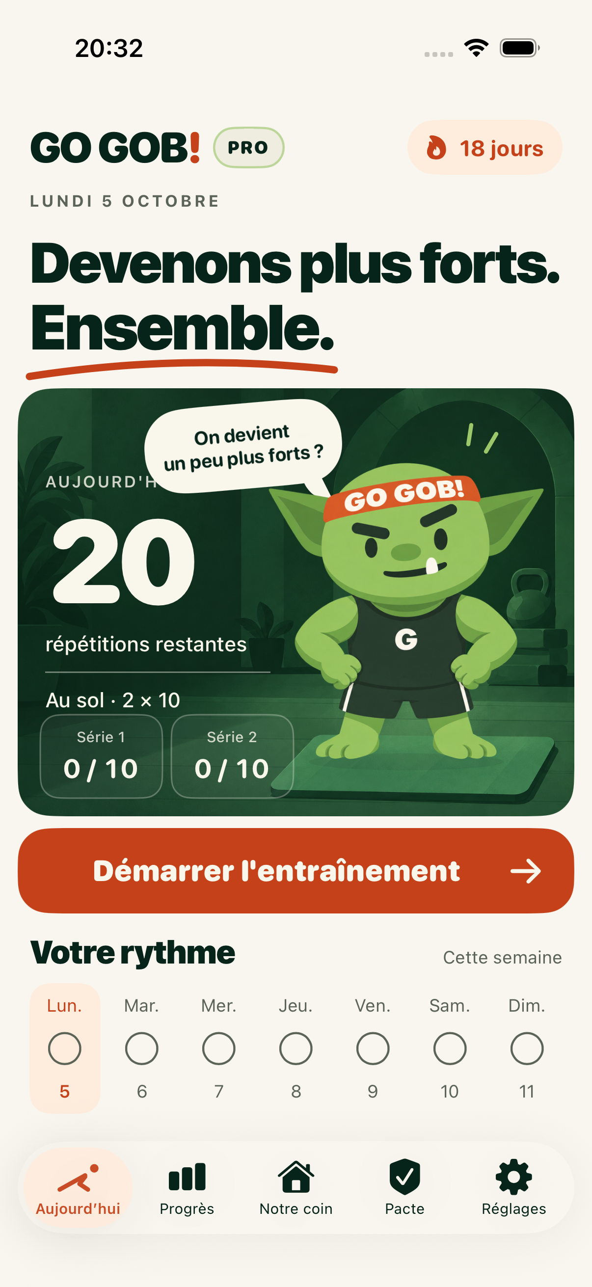 Écran du jour avec programme de pompes et rythme de la semaine