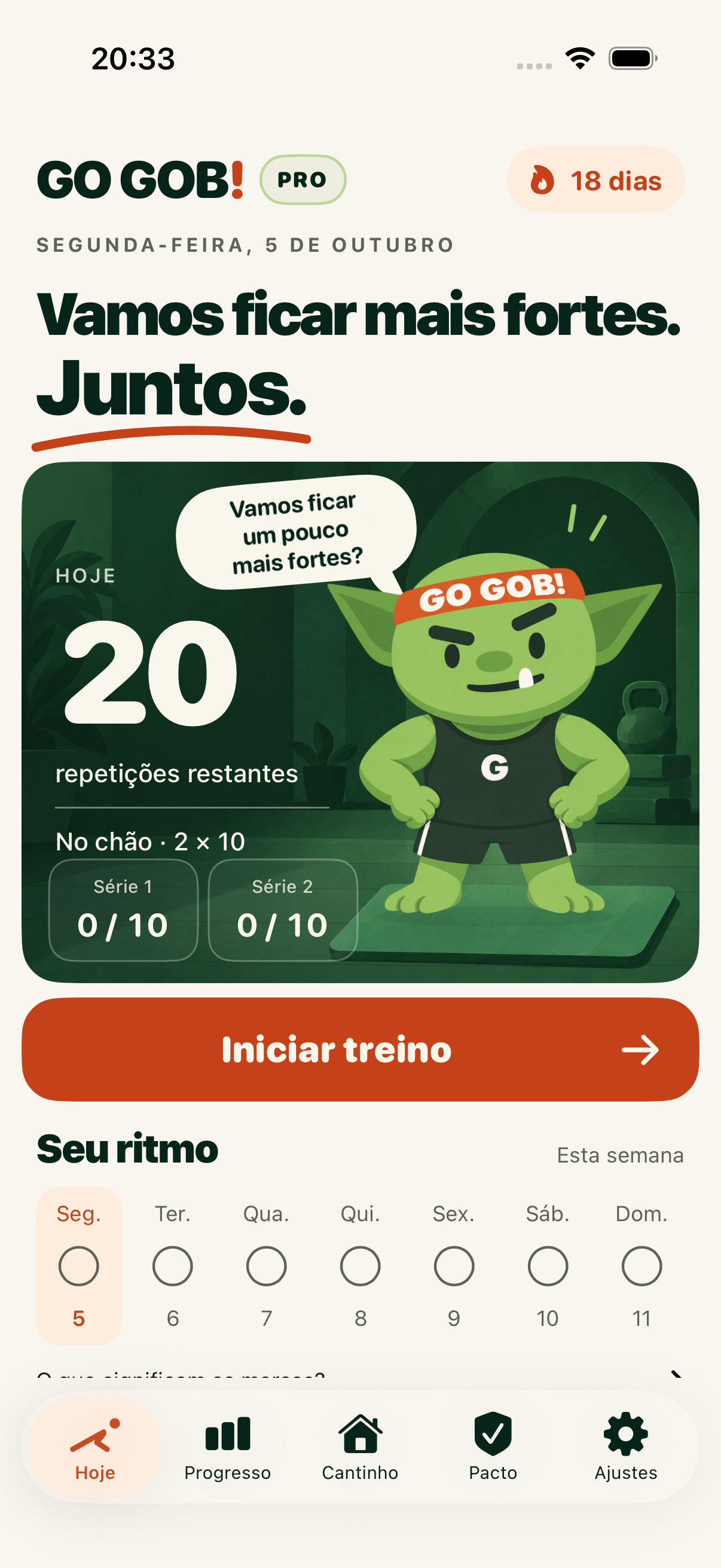 Tela de hoje com plano de flexões e ritmo da semana