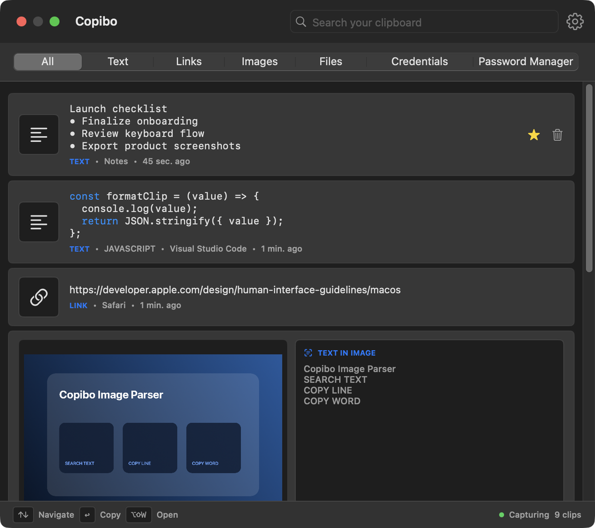 Libreria organizzata di Copibo con testi, link e immagini