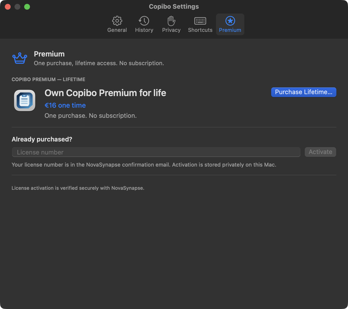 Impostazioni di Copibo Premium con icona dell’app, prezzo a vita di 16 €, azione di acquisto e campo di attivazione della licenza