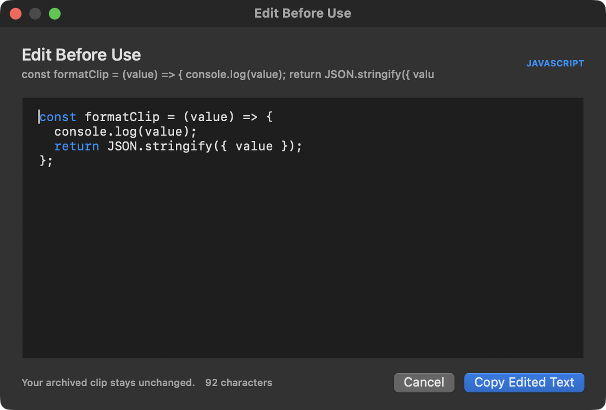 Janela Editar antes de usar do RecallThat com realce de sintaxe JavaScript