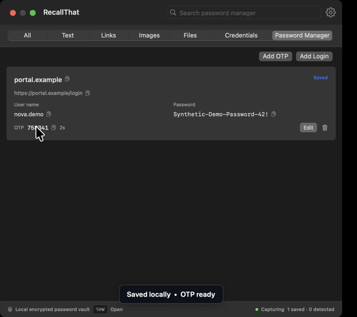 Gestor de palavras-passe do RecallThat com dados de acesso copiáveis e código OTP atualizado
