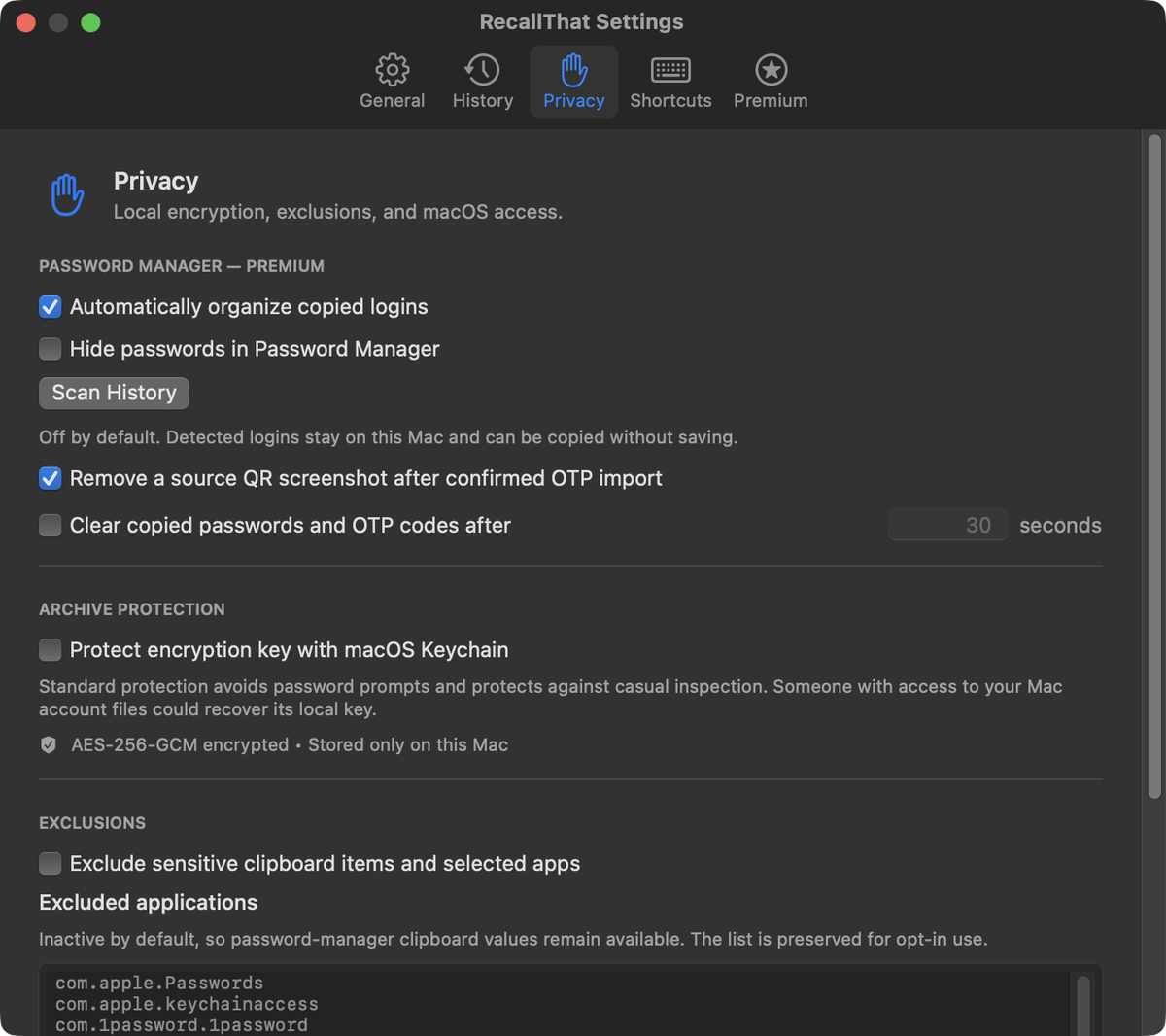 Ajustes de privacidade do RecallThat com criptografia local e proteção opcional pelo Acesso às Chaves